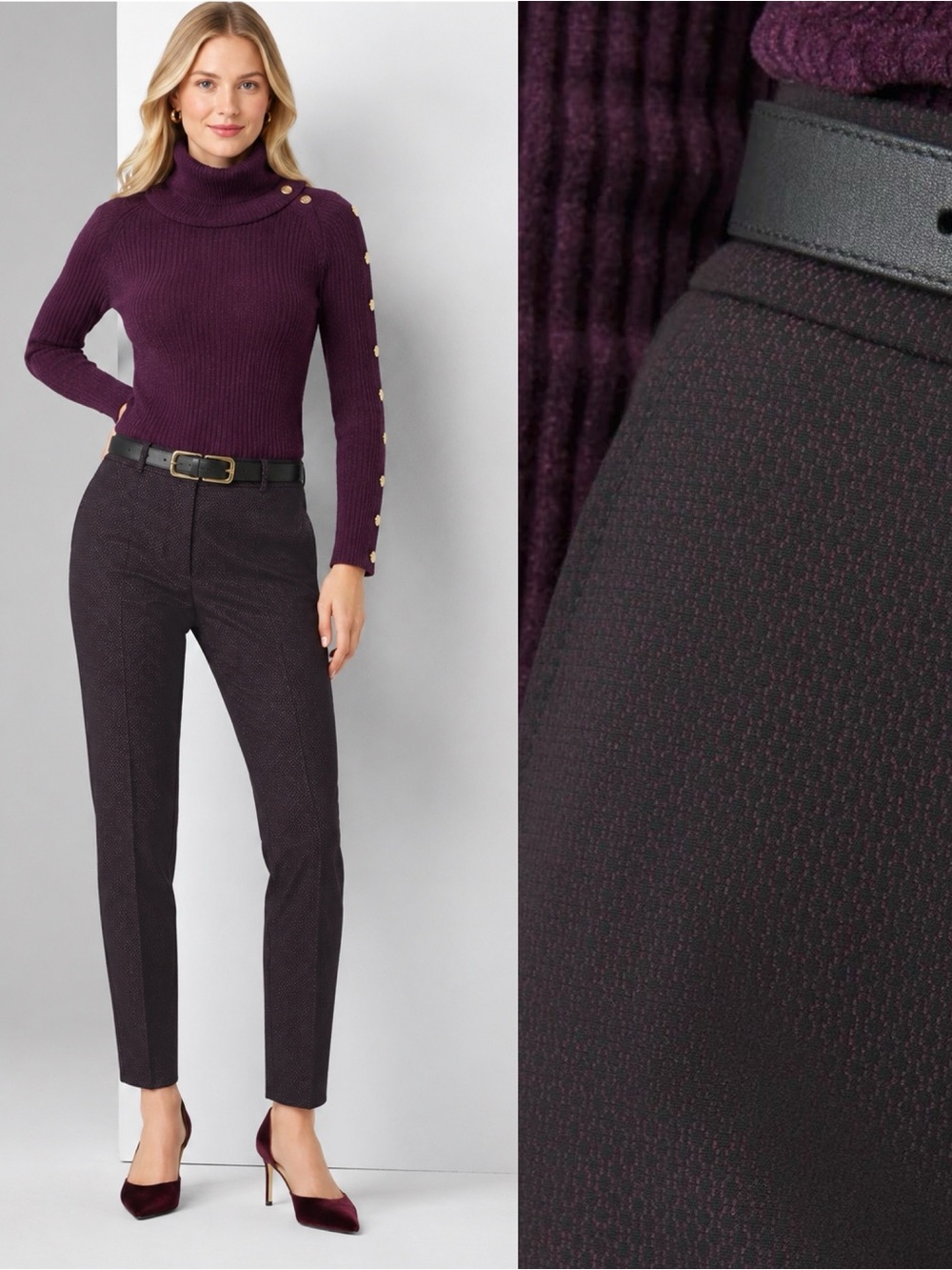 New WHITE HOUSE BLACK MARKET Elle Slim Ankle Jacquard Dress Pants Plum Noir 6S